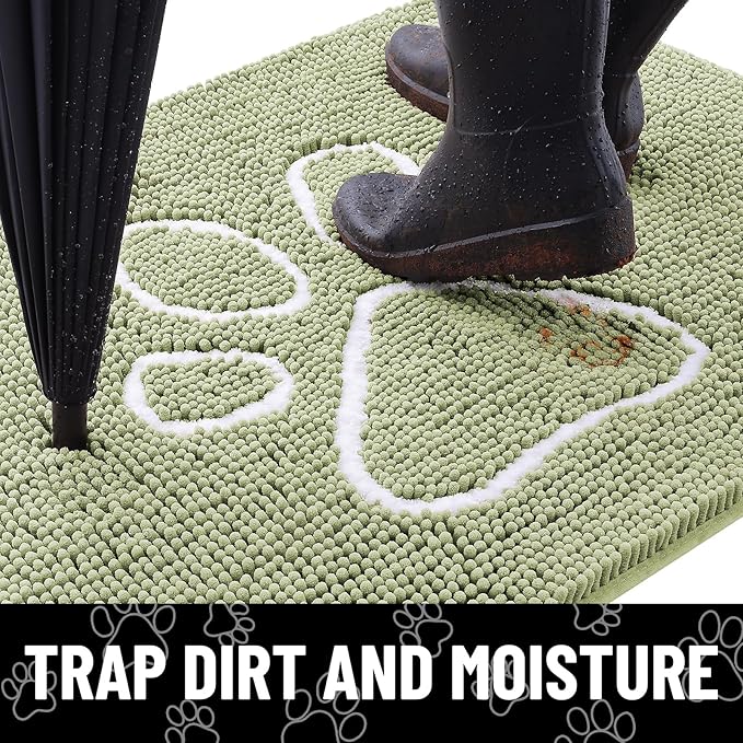 Smiry Dog Door Mat for Muddy Paws, Absorbent Dirt Trapper Non Slip Quick Dry Washable Chenille Mat for Mud Dogs, Entry Rug for Indoor and Outdoor (71x46 Inches, Sage Green and White)