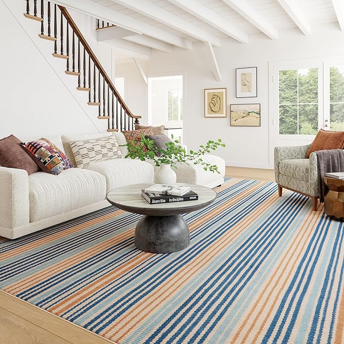 Dash & Albert Tyne Blue Machine Washable Rug, 5 X 8 Feet, Blue/Tan Stripe Pattern
