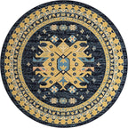 Unique Loom Taftan Collection Border Geometric Tribal Inspired Design Area Rug (8' 0 x 8' 0 Round, Navy Blue/ Gold)