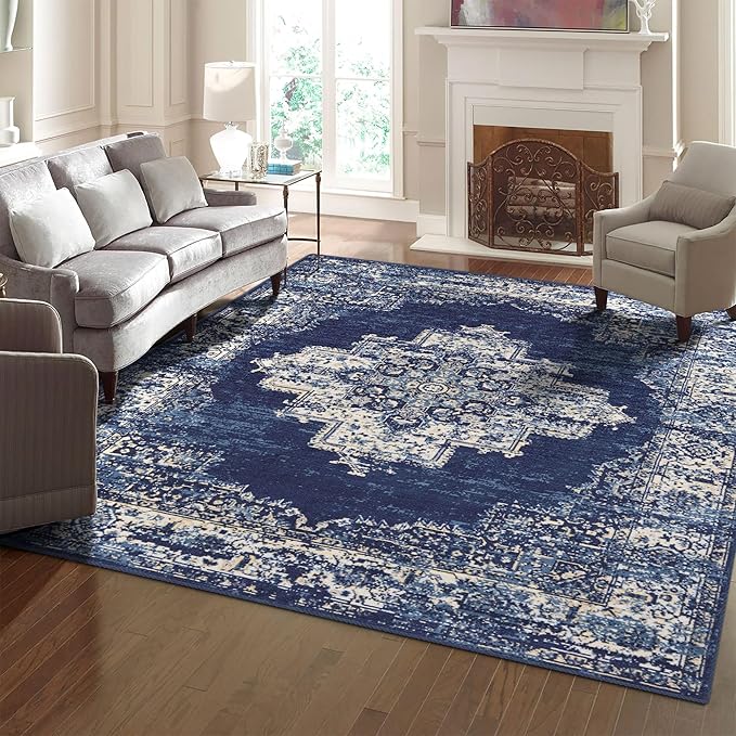 vivorug 6x9 Area Rugs, Ultra-Soft Washable Rug for Living Room Dinner Room Bedroom, Non-Slip Vintage Rug, Indoor Carpet Large Area Rug, Navy Blue