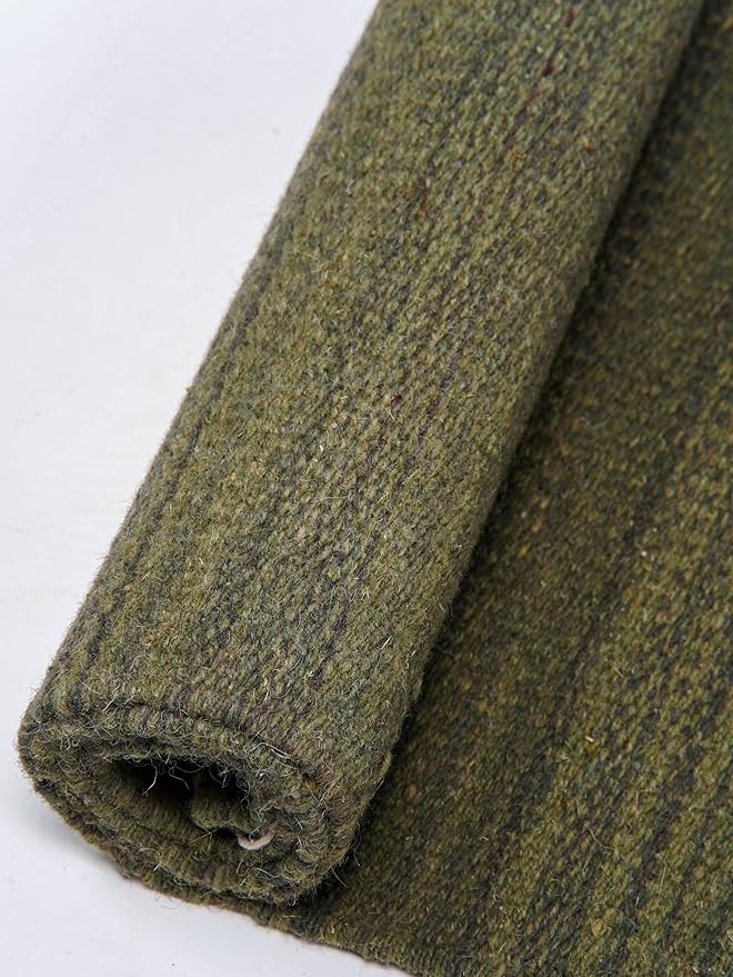 Rugsotic Carpets Hand Woven Flat Weave Kilim Wool ECO-Friendly Area Rugs - 8'x10', Rectangle Shape, Olive Color, Solid Plain Design, Low Pile Handmade Area Rugs for Living Room, Bed Room (D00111)