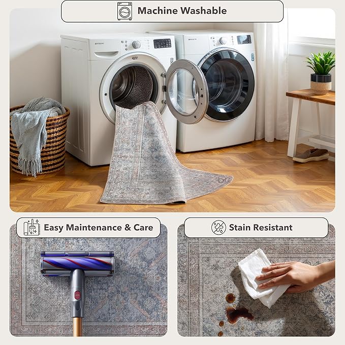 Kuden 9x12 Large Area Rug, Machine Washable Area Rug with Non-Slip Backing, Vintage Style, Soft, Easy Clean, Low Pile Rug for Living Room, Bedroom, Dining Room