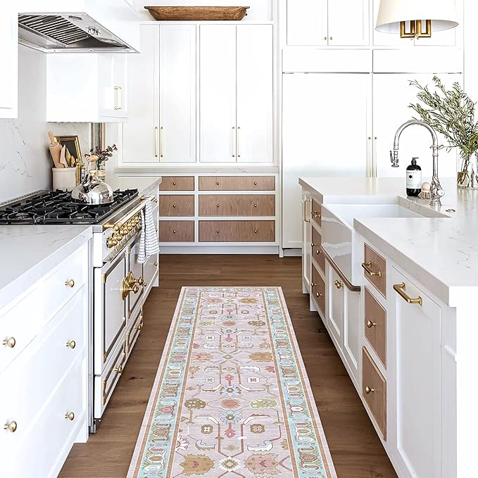 Fame Living Pink Oushak Runner Rug, Modern Runners, Vintage, Turkish, Eclectic, Floral, Pastel, Washable, Runner for Hallway, Kitchen, Bedroom, Bathroom, 2'5"x9'8"