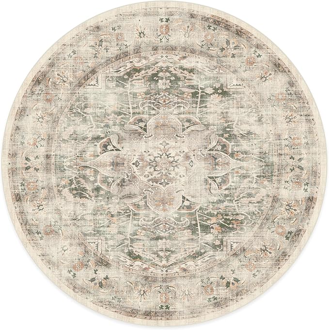 RUGGABLE Washable Vintage Area Rug – Sarrah Sage 8 ft Round, Stain-Resistant, Non-Slip – Large Machine Washable Rugs for Living Room, Bedroom, Hallway, Entryway & Office–with Cushioned Pad