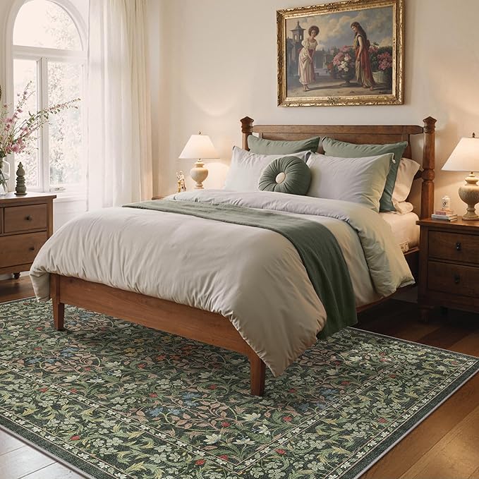 Bavni 5x7 Area Rugs for Living Room, Floral Rug Machine Washable Non Slip, Vintage Boho Forest Carpet, Soft Low Pile Thin Lightweight Rugs for Bedroom, Farmhouse, Dining Room Office, Emerald Green