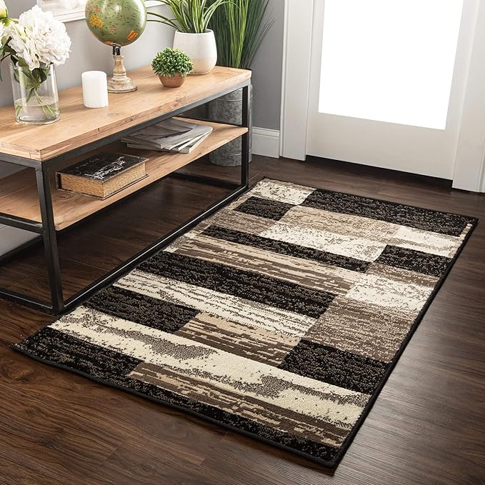 Superior Indoor Area Rug, Jute Backed, Modern Geometric Patchwork Floor Decor for Bedroom, Office, Living Room, Entryway, Hardwood Floors, Rockwood Collection, 2' x 3', Chocolate