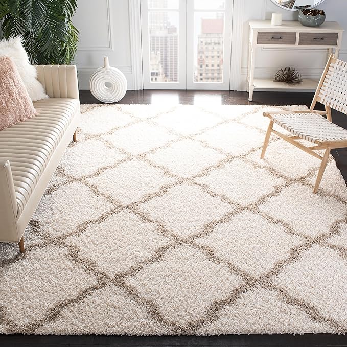 SAFAVIEH Dallas Shag Collection Area Rug - 10' x 14', Ivory & Beige, Trellis Design, Non-Shedding & Easy Care, 1.5-inch Thick Ideal for High Traffic Areas in Living Room, Bedroom (SGD257B)