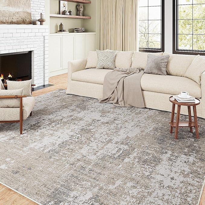 Modern Abstract Beige Gray Area Rug 6x9 Machine Washable Large Carpet Neutral Kitchen Indoor Accent Throw Low Pile Non Slip Distressed Living Dining Room Bedroom Office