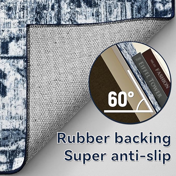 YJ.GWL Area Rugs for Living Room 5x7 Machine Washable Rugs, Non Slip Floral Vintage Rug Indoor Carpet, Stain Resistant Large Rug for Bedroom Dining Room, Navy Blue