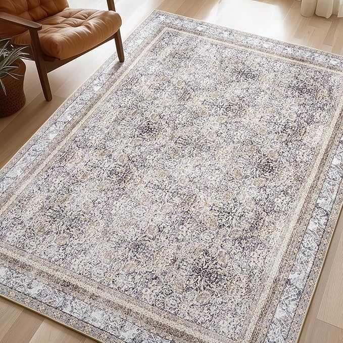 Phantoscope Washable Area Rug 5'x7' Non-Slip, Vintage Neutral Rugs for Living Room, Bedroom, Dining Room, Distressed Boho Floral Medallion Pattern, Low-Pile Foldable Floor Carpet, Light Brown