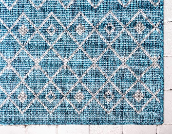 Unique Loom Outdoor Trellis Collection Area Rug - Tribal Trellis (9' x 12' Rectangle, Teal/ Ivory)