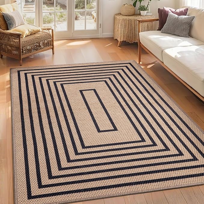 Tangsoo Easy Jute Area Rug 4x6 Washable Rug for Indoor Outdoor Patio,Non-Slip Black Geometric Indoor Outdoor Carpet,Boho Farmhouse Throw Mat for Front Porch Bedroom Living Room Foyer Balcony