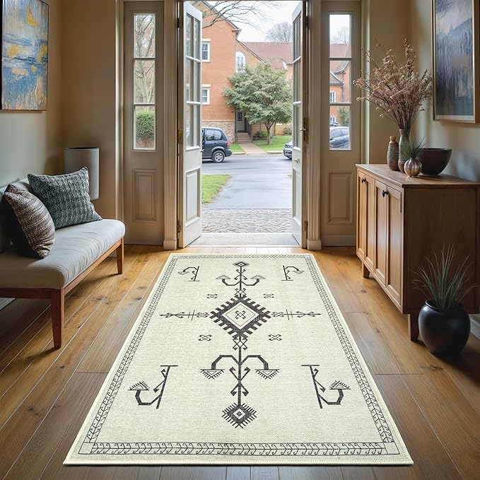 GLN Rugs Contemporary Collection - Machine Washable Area Rug, Contemporary Washable, Non Slip, Low Pile Chenille Rug, Living Room, Bedroom, Kitchen Rug (2'6" x 7' Cream/Anthracite)