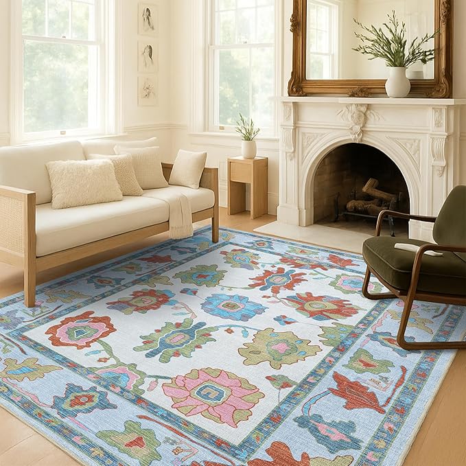 Fame Living Colorful Oushak Runner Rug, Modern Runners, Vintage, Turkish, Eclectic, Floral, Pastel, Washable, Long Runner Rugs for Hallway, Kitchen, Living Room, Bedroom, Kitchen, Bathroom, 2'5"x13'