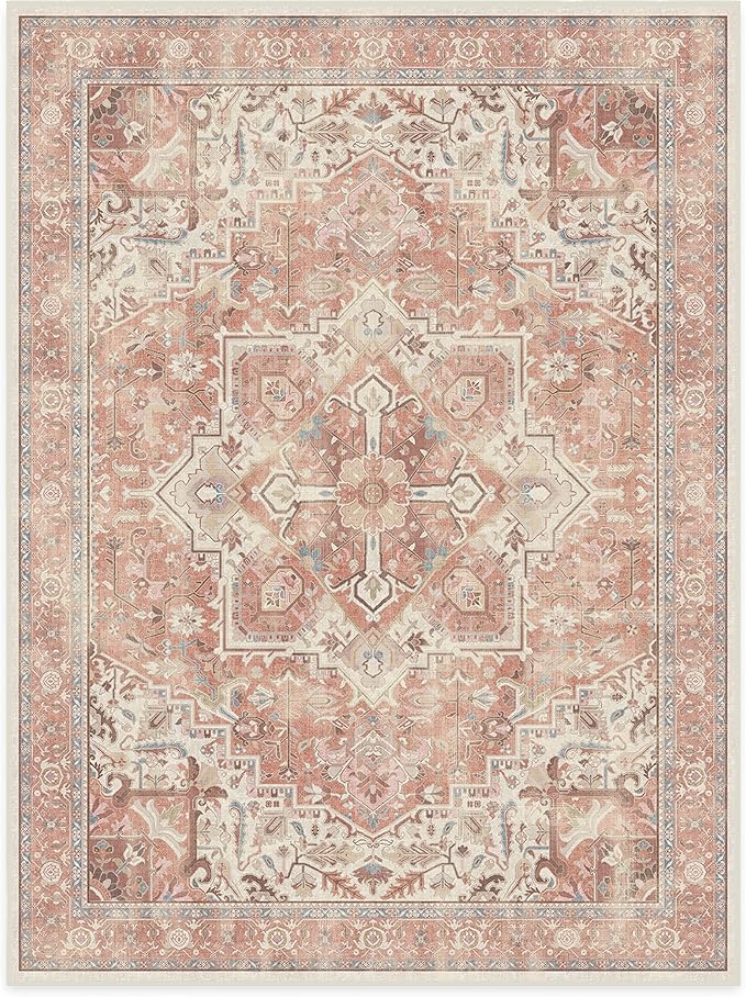 RUGGABLE Washable Area Rug – Kamran Rose Pink 9x12, Stain-Resistant, Non-Slip – Large Machine Washable Rugs for Living Room, Bedroom, Hallway, Entryway & Office–with Standard Pad