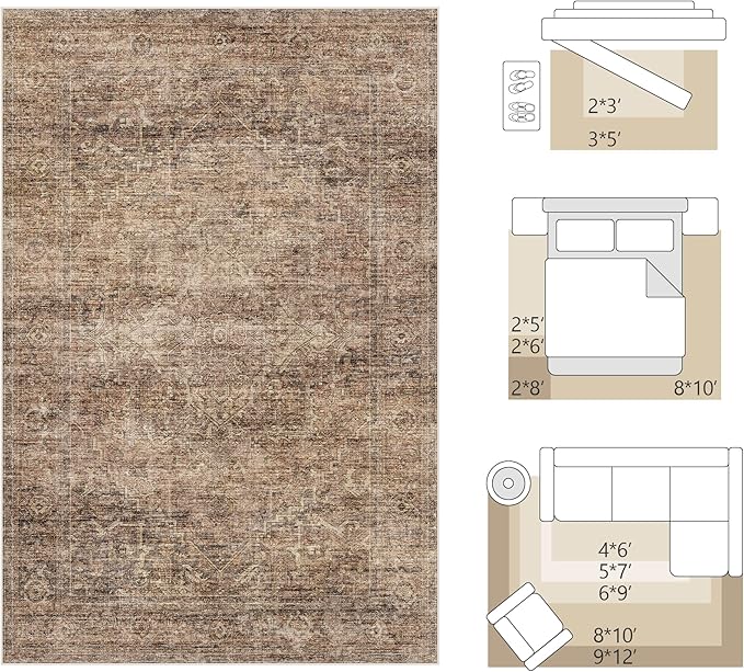 FMFUNCTEX 5x7 Washable Area Rug Neutral Vintage Rust Brown Distressed Non Slip Low Pile Traditional Indoor Carpet for Living Room Bedroom Soft Retro Throw Rug for Dining Office Kitchen Dorm Entryway