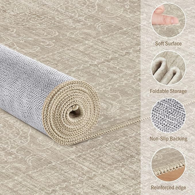 8x10 Area Rugs Living Room: Washable Large Vintage Rug Neutral Non-Slip Soft Stain Resistant Indoor Carpet for Bedroom Nursery Dining Room Under Table Bed Home House Office Playroom - Brown