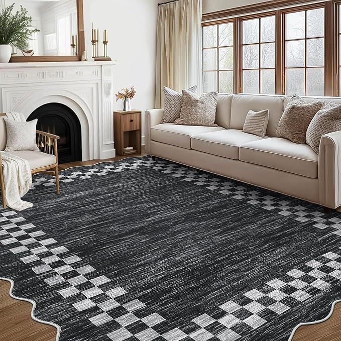 GarveeHome Area Rug 6x9 Large Living Room Modern Border Throw Rug with Rubber Backing Stain Resistant Dining Room Throw Carpet Washable Scalloped Rug for Bedroom Home Decor Office, Grey