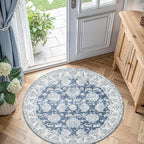 jinchan Fiora Round Rug 5ft Area Rug - Indoor Vintage Hallway Circle 5' Washable - Ultra-Thin Low Pile Soft Small Non Slip Distressed Floral Print for Living Room Bedroom Entryway Dark Blue