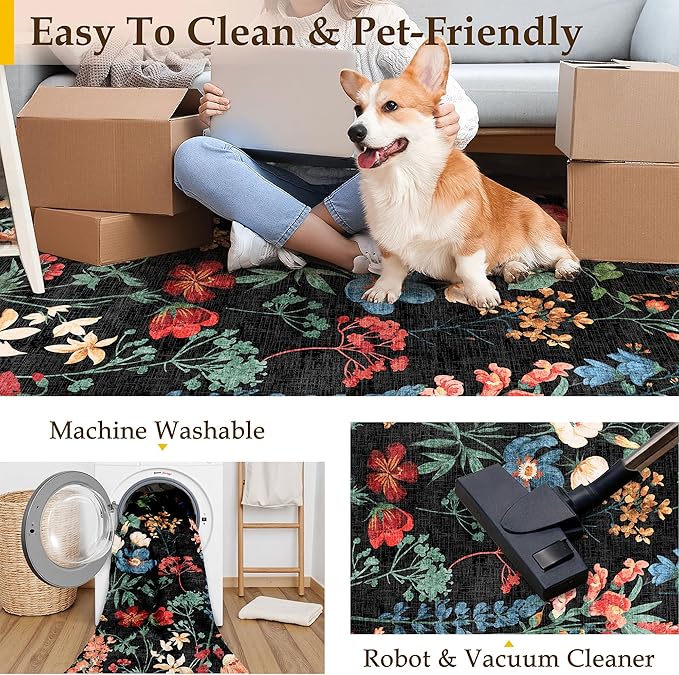Floral Runner Rug 2x5 Washable Hallway Long Black Bedroom Carpet Non Slip Indoor Boho Kitchen Low Pile Accent Rug Lightweight Soft for Bathroom Dining Laundry Living Room
