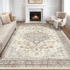 12x15 Area Rug Living Room: Washable Boho Large Neutral Vintage Soft Rugs Stain Resistant Farmhouse Non Slip Indoor Floor Carpet for Bedroom Nursery Kids Playroom Office Dining Room Home Decor- Brown