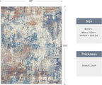 8x10 Area Rugs Washable Blue Rug for Living Room Bedroom, Abstract Modern Large Rug Non Slip, Water Repellent Low Pile Soft Carpet for Dining Room, Blue Rust