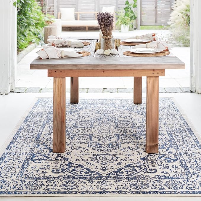 FH Home Flat Woven Outdoor Rug - Waterproof, Easy to Clean, Stain Resistant - Premium Polypropylene Yarn - Vintage - Patio, Deck, Porch,Balcony - Ankara - Distressed Blue - 3ft 11in x 5ft 6in