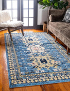 Unique Loom Taftan Collection Border Geometric Tribal Inspired Design Area Rug, 7 ft x 10 ft, Light Blue/Gold