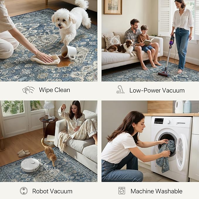Bavni Washable Runners for Hallways 2X10, Ultra-Thin Non Slip Long Runner Rug, Print Vintage Aesthetic Carpet Runner, Low Pile Rugs for Kitchen Porch Bedroom, Blue