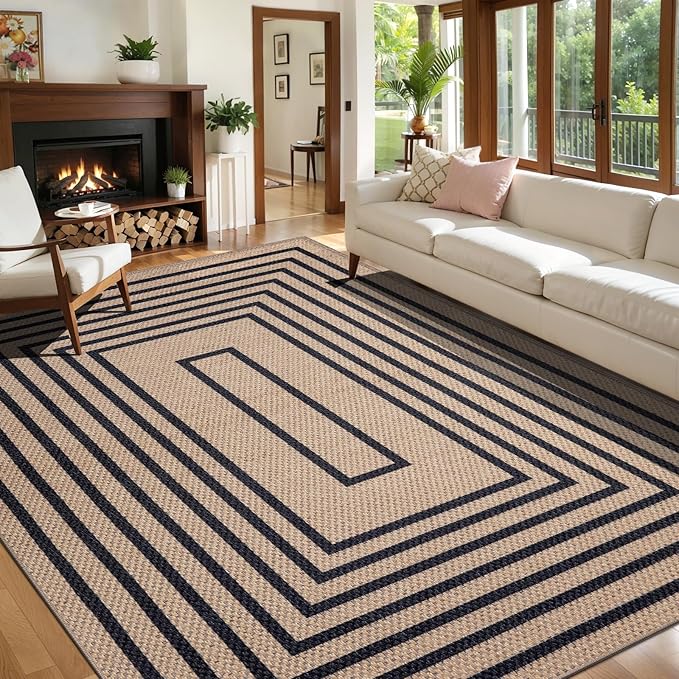 Tangsoo Easy Jute Rug 6x9 Washable Area Rugs for Living Room,Black Geometric Non Slip Indoor Outdoor Carpet,Farmhouse Modern Office Mat for Backyard Dining Room Patio Bedroom Balcony Sunroom Decor
