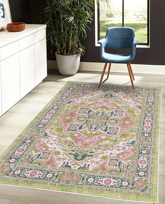 Ambesonne Ethnic Decorative Rug, Bohemian Retro Themed Floral Detail Cultural Abstract Shapes Flourish, Quality Carpet for Bedroom Dorm and Living Room, 4' X 5' 5", Pistachio Green Pink Teal