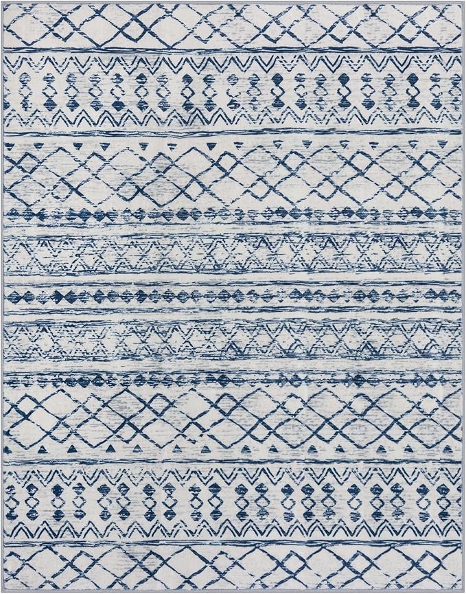 KUTA Moroccan 8x10 Rugs for Living Room Blue White, Washable Boho Area Rug Non-Slip, Ultra Soft Geometric Tribal Traditional Farmhouse Carpet for Dining Room Bedroom Dorm Office Home Decor
