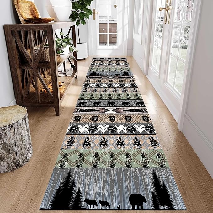 Bear Rug for Runner Rug, 3.3x7ft, Rustic Black Bear Wood Saw Compass Pine Oil Lamp Pattern Long Runner Rug, Camping Theme Multi-Color Stitching Non-Slip Floor Carpet, Cabin Style Home Decoration