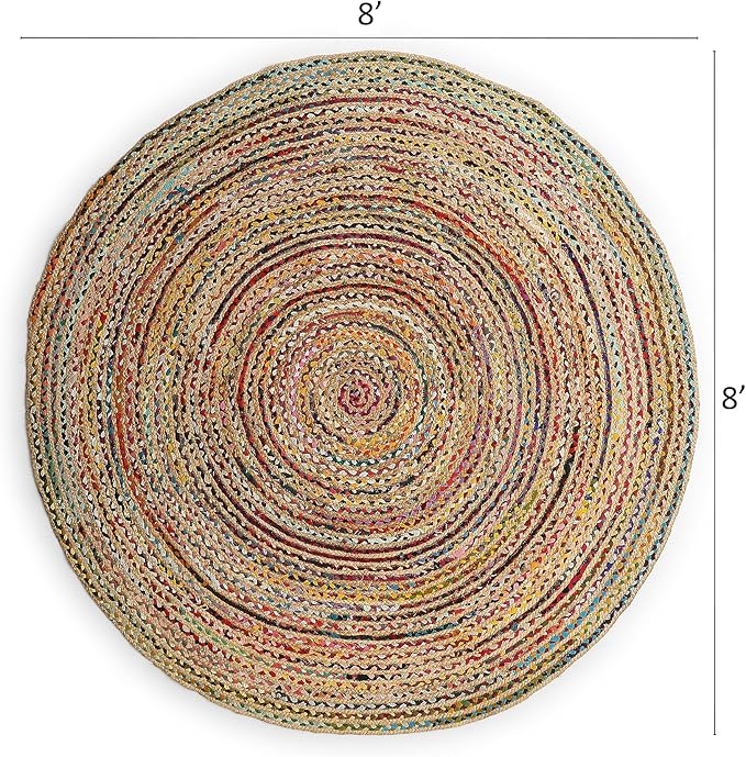 REDEARTH · Jute Cotton Chindi Area Rug - 8' Round Rug, Handwoven, Non-Shedding, Soft & Durable – Multi Tones for Home Décor in Living Room, Dining Room, Bedroom