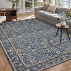 Washable Living Room Rug: 8x10 Boho Floral Soft Area Rug for Bedroom Decor - Vintage Low Pile Thin Carpet for Dining Room Non-Slip - Farmhouse Stain Resistant Rugs - Slate Blue