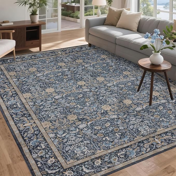 Washable Living Room Rug: 8x10 Boho Floral Soft Area Rug for Bedroom Decor - Vintage Low Pile Thin Carpet for Dining Room Non-Slip - Farmhouse Stain Resistant Rugs - Slate Blue