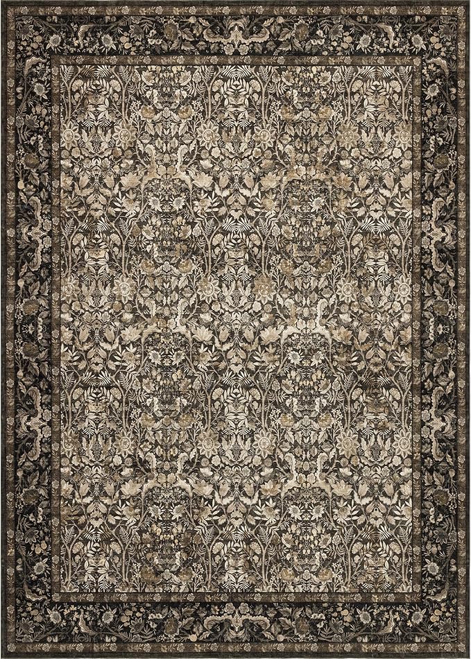 Washable Living Room Rug: 8x10 Boho Floral Soft Area Rug for Bedroom Decor - Vintage Low Pile Thin Carpet for Dining Room Non-Slip - Farmhouse Stain Resistant Rugs - Dark Brown