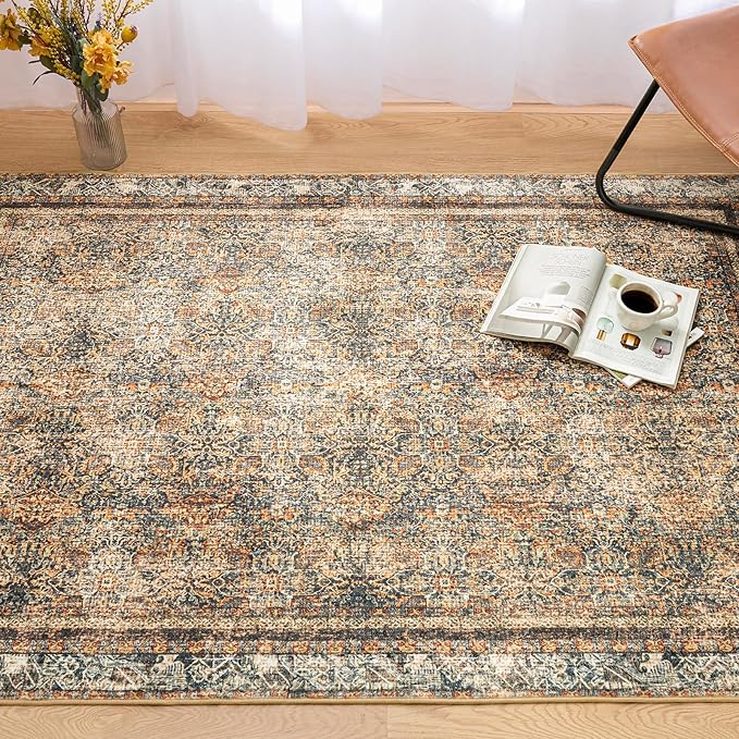 Phantoscope Washable Area Rug 4'x6' Non-Slip, Vintage Neutral Rugs for Living Room, Bedroom, Dining Room, Distressed Boho Floral Medallion Pattern, Low-Pile Foldable Carpet, Brown/Charcoal Spice