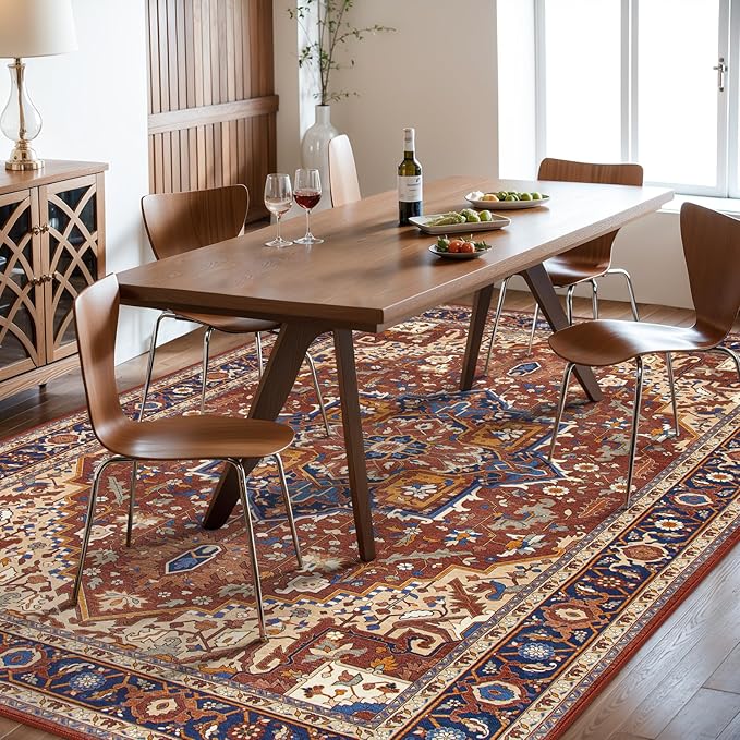 Moynesa Ultra-Thin Washable 8x10 Area Rugs for Living Room, Boho Oriental Rugs for Bedroom Non-Slip Non-Shedding, Large Vintage Carpet for Dining Room Home Office Decor, Brown/Multi