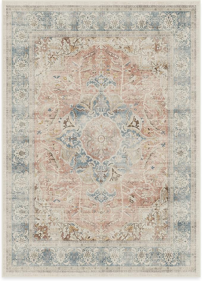 RUGGABLE Washable Vintage Area Rug – Sarrah Coral 5x7, Stain-Resistant, Non-Slip – Medium Machine Washable Rugs for Living Room, Bedroom, Hallway, Entryway & Office–with Cushioned Pad