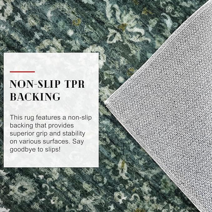 Vintage 4x6 Living Room Washable Rug, Dark Green Non-Slip Soft Bedroom Area Rug Thin Printed Faux Wool Floor Super Soft Carpet Throw Rugs for Nursery Playroom Dining Room Indoor Office