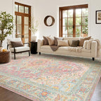Kokia 8x10 Washable Area Rugs Blossom Pink with Vintage Orient Design Soft Rug for Living Room or Bedroom Non-Slip Low Pile Stain Resistance Features Distressed Medallion Pattern