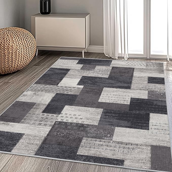 Modern Geometric Patchwork Indoor Area Rug for Living Room, Charcoal 9'x 12' Large Rug Rockwood Collection Hardwood Floors Decor for Bedroom, Grey Throw Carpet for Office Entryway Dining Room
