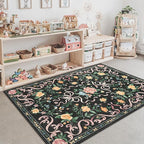 Black Rug Bow Floral Rug 3x5, Washable Boho Area Rugs Non Slip Low Pile Carpet for Girls Room Bedroom, Bedside, Kitchen, Entryway, Kids Room, Soft Ultra-Thin Indoor Elegant Rugs