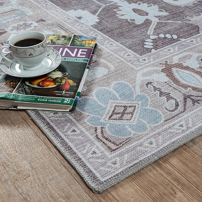 Brown Oushak Rug, Modern, Vintage, Turkish, Eclectic, Floral, Pastel, Washable, Extra Large Area Rugs for Living Room, Dining, Bedroom, Lounge, 9'x12'