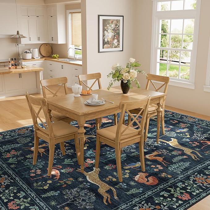 DUKINO 8x10 Rug, Washable Animal Living Room Rug with Non Slip Vintage Design, Soft Low Pile Large Carpet for Bedroom, Nursery, Dining Room, Farmhouse, Playroom, Navy Blue