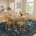 DUKINO 9x12 Rug, Washable Animal Living Room Rug with Non Slip Vintage Design, Soft Low Pile Large Carpet for Bedroom, Nursery, Dining Room, Farmhouse, Playroom, Navy Blue