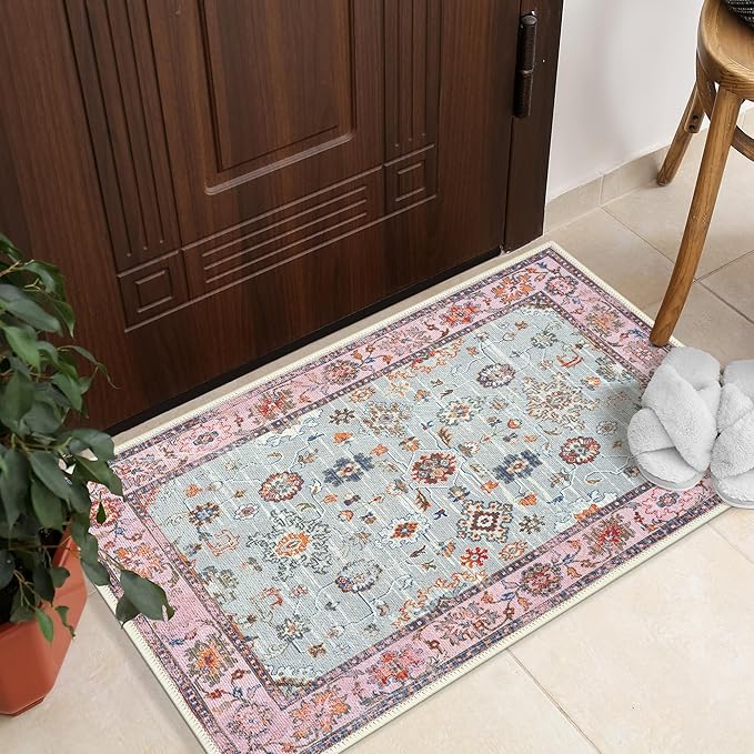 GLN Rugs Traditional Collection - Machine Washable Area Rug, Traditional Washable, Non Slip, Low Pile Chenille Rug, Living Room, Bedroom, Kitchen Rug (2' x 3' Pink/Blue/Multicolor)