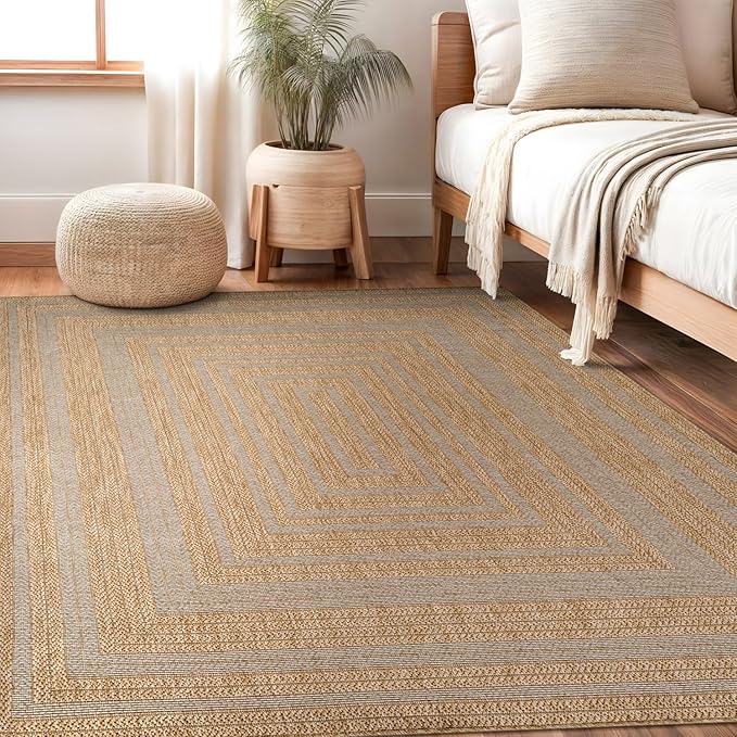 Beverly Rug Easy Jute Framed Border Rug 8x10 Washable Durable Indoor Outdoor Area Rugs for Living Dining Room Patio Office Stain Resistant Non Shedding Casual Indoor Outside Carpet 8 x 10 Natural