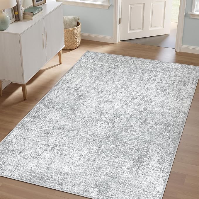 4x6 Area Rug Washable Vintage Entryway Living Room Carpet Indoor Office Non Slip Grey Entrance Distressed Low Pile Retro Accent Throw Rug for Dining Room Bathroom Bedroom Laundry